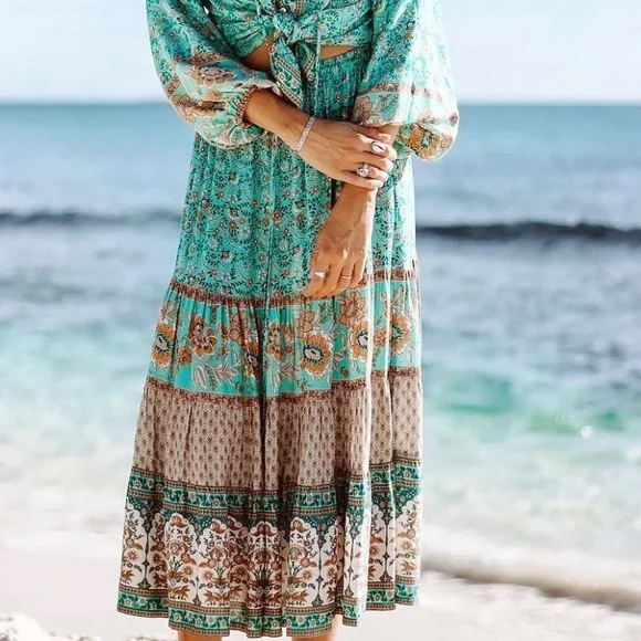 SOLD OUT Turquoise Bohemian Floral Long Casual Skirt - Picture 2 of 6